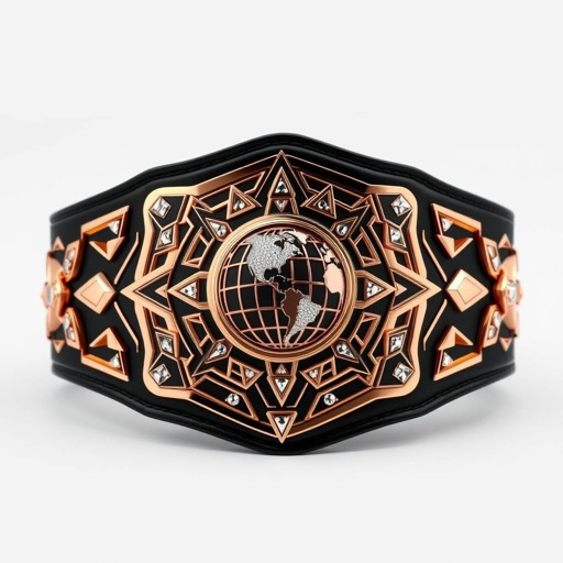 A luxurious wrestling belt featuring a modern plate design, adorned with intricate shapes and a striking globe champion emblem at the center. The black leather strap provides a bold contrast to the rose gold plate, embellished with shimmering diamond gemstones. Decorative triangle motifs and crests enrich the overall design, blending elegance with strength.