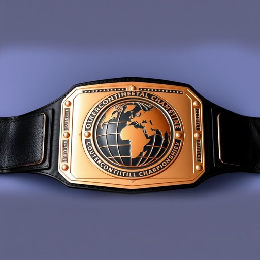 A prestigious wrestling belt lies prominently displayed, its luxurious leather strap showcasing a striking black hue. The rectangular plate glimmers in rose gold, expertly crafted with a modern aesthetic. In the center, an intricately detailed globe design signifies the Outercontinental Championship, celebrating the glory of global competition, oversized, yet unembellished.