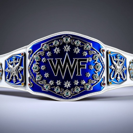 A grand wrestling belt, VWF Universal World Championship, ornate craftsmanship. Blue and navy metal plates, white leather strap gleaming under lights. Intricate plate shapes feature diamond gemstones, multicolored gems—blue, red, yellow. Field of white stars adorns the main plate, flanked by three side plates, star crests, and iconic wrestler symbols.