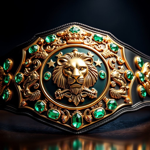A majestic wrestling belt glistening with a gold plate color, shaped like a shield. A striking lion champion design centered prominently, surrounded by intricate lion crests and symbols. Surrounding emerald gemstones, their vibrant green hues shimmering. The belt showcases a large size, embodying strength, prestige, and the essence of victory.
