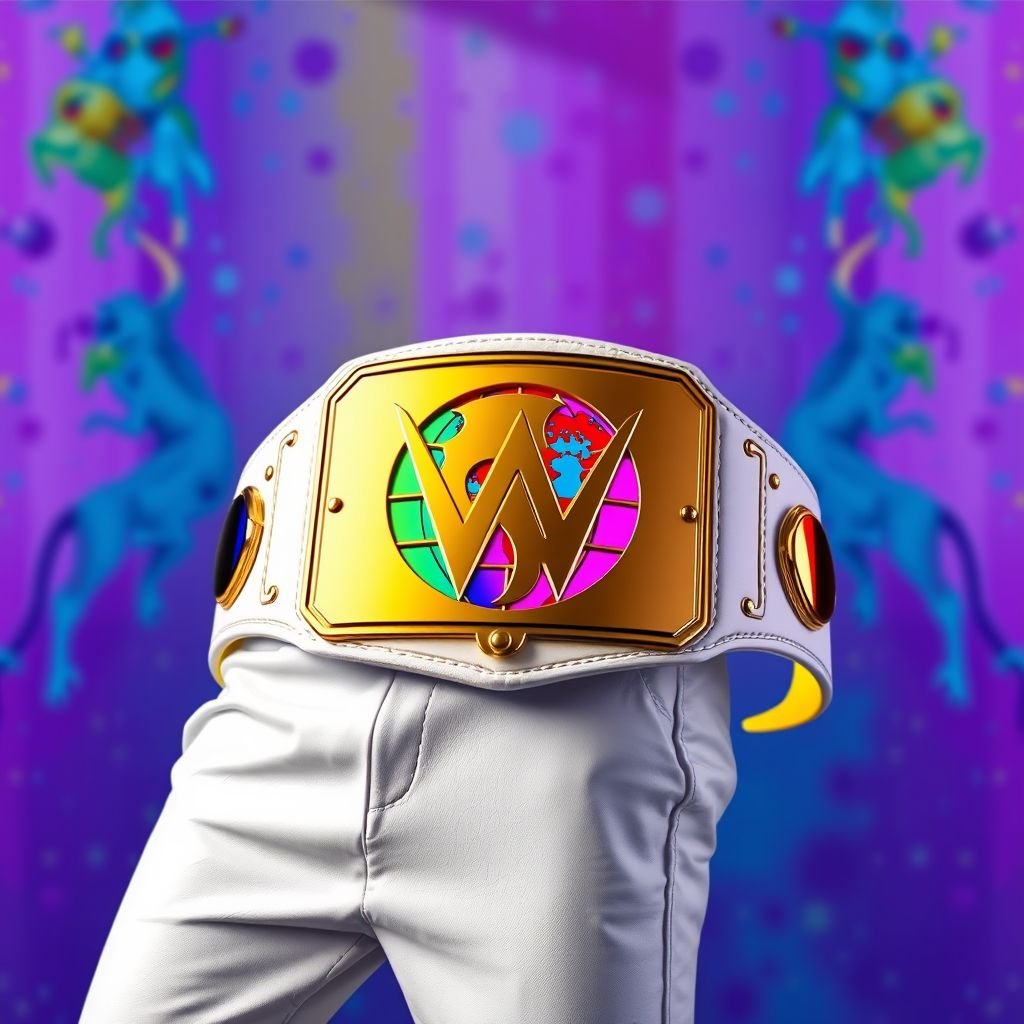 A striking outercontinental champion wrestling belt showcased against a vibrant backdrop. Bold white leather strap, smooth and immaculate, complements a gleaming rectangular gold plate. Modern design, minimalist yet impactful, features a globe champion motif infused with pop art's vivid colors. Extra-large size, unembellished with gemstones, exuding a sleek, contemporary elegance.