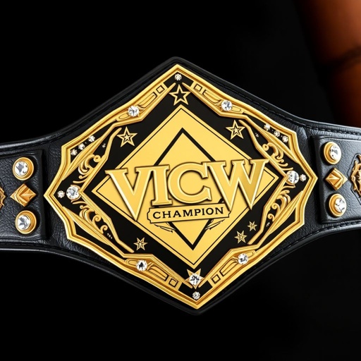 A striking wrestling belt, VCW Light Heavyweight Champion. Leather material exuding toughness, a sleek black strap complementing edgy designs. A diamond plate shape gleams in gold, while abstract art elements enhance the style. Portrait champion engravings adorn the surface, accented with sparkling diamond gemstones. Star crests and symbols signify victory, medium-sized elegance.