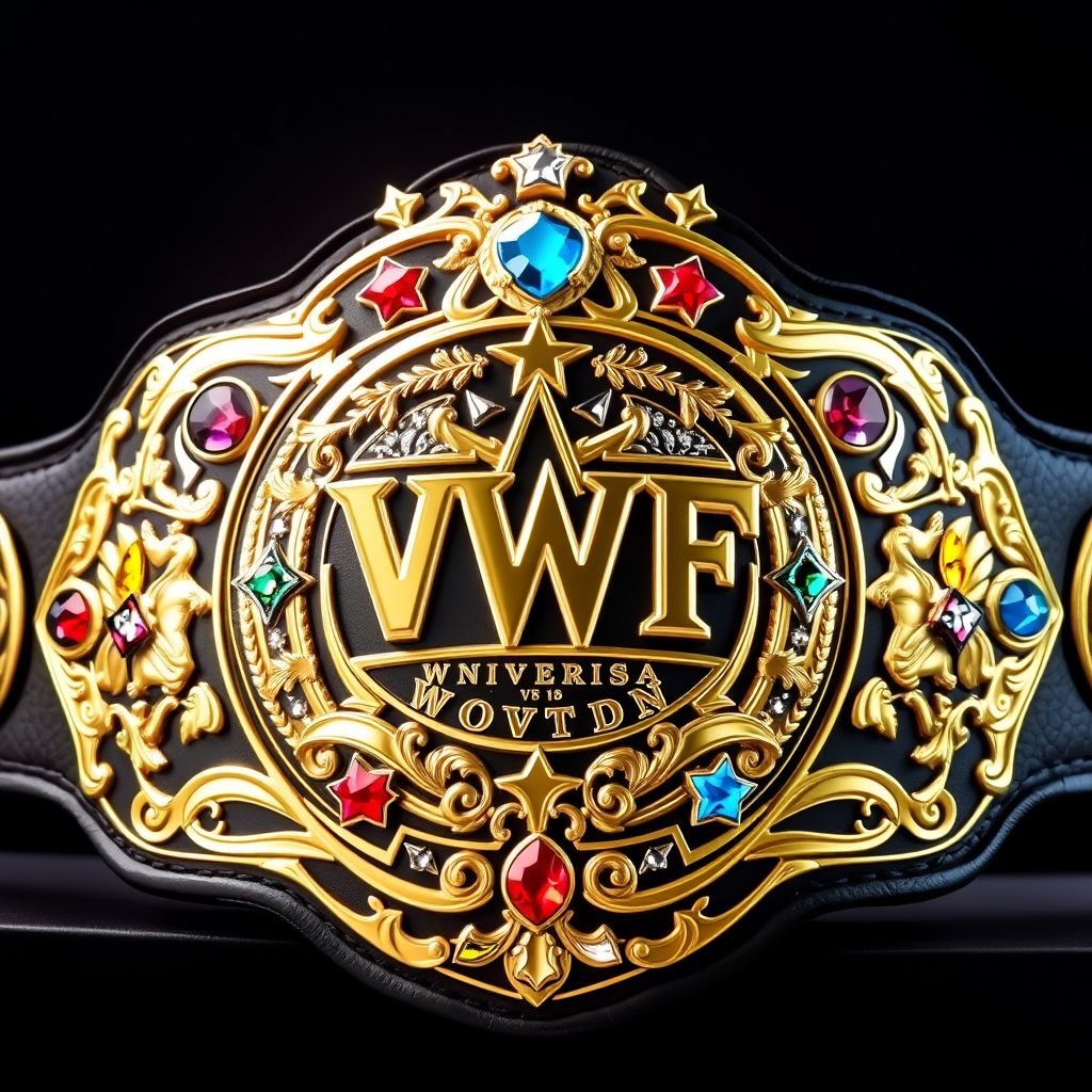 An opulent wrestling belt, VWF Universal World Championship, gleaming gold with baroque influences from legendary titles. Large leather strap, rich black hue. Intricate plates adorned with vibrant multicolored gems—deep blue, fiery red, bright white, and sunny yellow. Rich stars, celestial patterns, classic aesthetics, and prominent wrestler insignias, grandeur personified.
