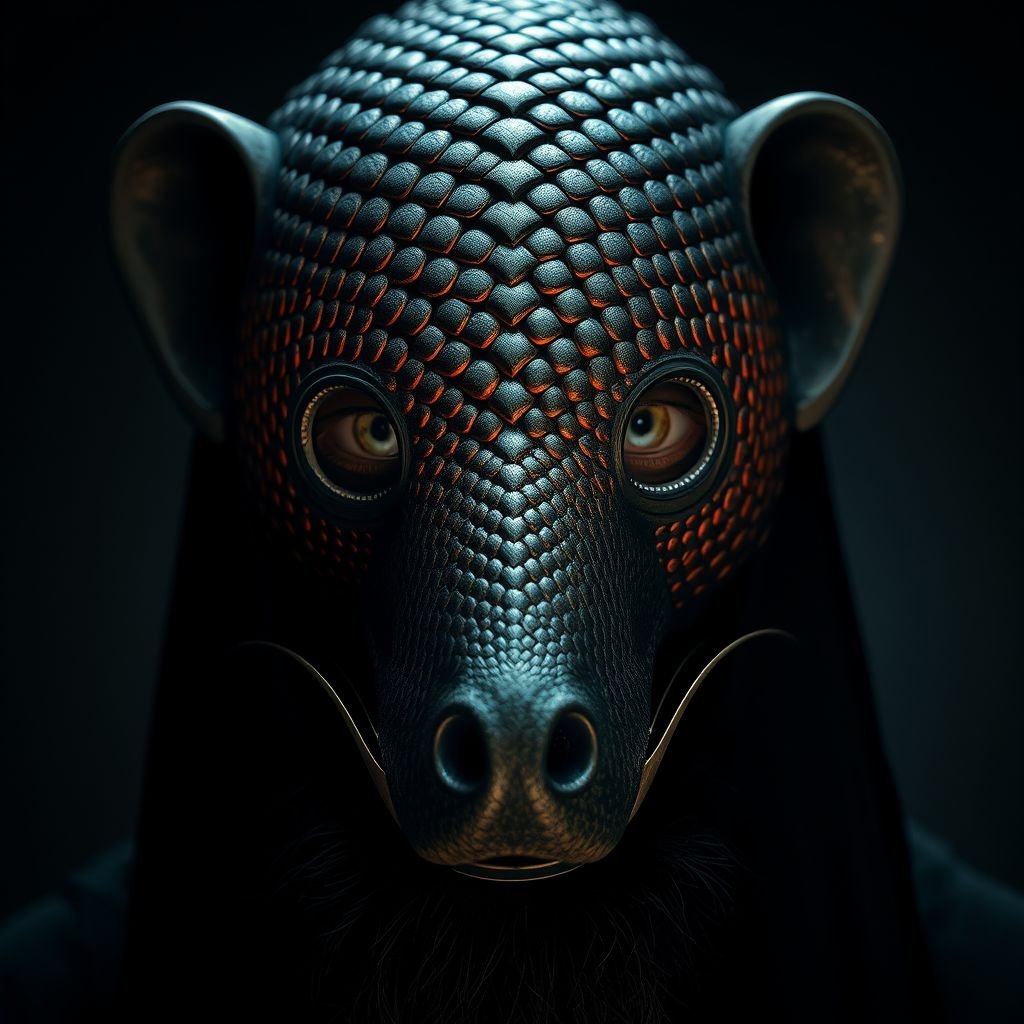 A mysterious figure adorned with a pangolin mask, intricate scales glimmering softly under ambient light. Round eyes peek through, exuding wisdom. A Greek nose enhances the enigmatic allure. The neutral mouth rests, revealing tranquility. Medium ears balance the face, framed by straight black hair, complemented by a full beard, exuding depth and intrigue.