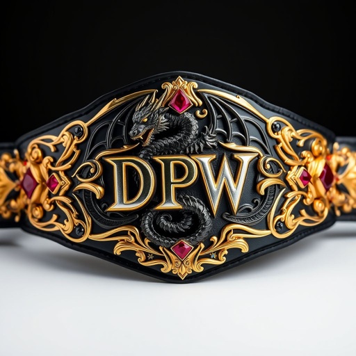 A stunning wrestling belt, gleaming in metal, features a fierce black dragon entwined in intricate gold detailing. The DPW logo dominates the center, surrounded by a boldly engraved plate design. A deep black plate accentuates gothic art style, adorned with dazzling ruby gemstones. Adult size, a masterpiece of craftsmanship and power.