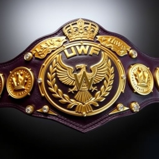 A vintage wrestling belt showcasing the UWF World Heavyweight Championship design. Dark purple leather strap adorned with intricate craftsmanship. Four smaller side plates alongside a large, opulent main plate featuring elegant eagle and laurel motifs. Luminous gold metal plates, accented with sparkling diamond gemstones. Grandeur conveyed through majestic crown crests and symbols.