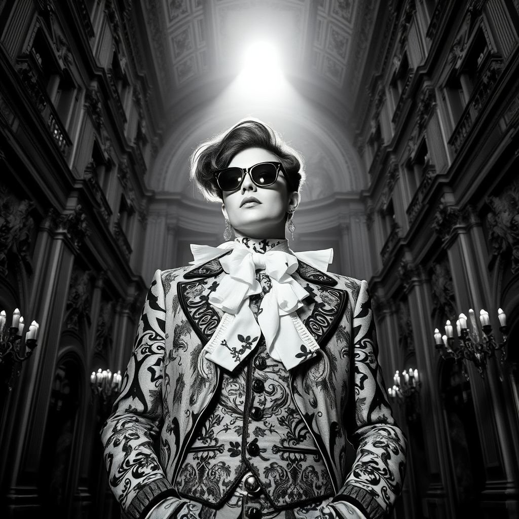 A stylish figure exuding confidence, adorned in eccentric yet elegant attire. Baroque architecture looms in the background, intricate details capturing the eye. A spotlight bathes them in captivating light, contrasting against high-contrast black and white hues. An atmosphere rich in classical music, whispers of romance, and artistic authenticity enveloping the scene.