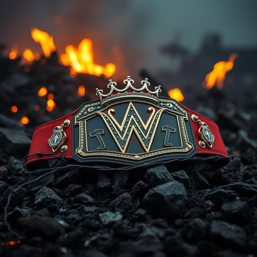 A wrestling belt rests atop charred rubble in a warzone. Sharp barbed wire coils around the belt, glinting ominously in the dim light. Flames flicker nearby, illuminating a majestic crown placed defiantly on the belt. Edgy plate design captures fierce imagery, while a bold red strap evokes passion and aggression.