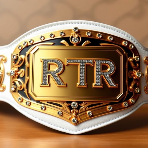 A wrestling belt emblazoned with "RTR." An outercontinental champion's symbol shines on a gold rectangular plate. Luxurious leather strap in pristine white, adorned with star crests and intricate symbols. Sparkling crystal gemstones embellishing the design, radiating elegance. The belt, large and bold, exudes modernity, showcasing prestige and championship glory.
