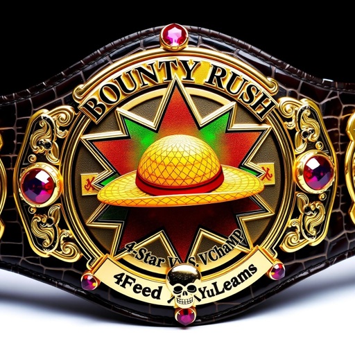 A luxurious wrestling belt featuring alligator skin texture, gleaming gold accents. A vibrant, multicolored star plate holds a striking straw hat at its center. Above, elegant lettering displaying “One Piece Bounty Rush,” while below, “4 Star VS Champ iFeedYouLead” dazzles. Ruby gemstones glint, surrounded by intricate skull crests and symbols.