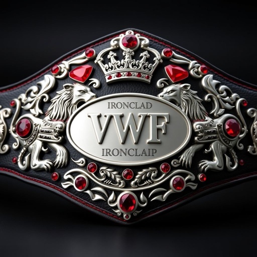 An awe-inspiring wrestling belt, the VWF Ironclad Championship. Features intricate lion motifs, regal and fierce, adorned with silver accents and deep red highlights. A large central plate, engraved, showcases two crowns atop dual lions. Luxurious leather strap, jet black. Oval-shaped silver plate gleaming, embedded with radiant ruby gemstones, imposing and majestic.