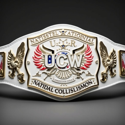 A striking wrestling belt displaying the words "UCW NATIONAL COLLISION CHAMPION." The leather strap gleams in pristine white. An elegant shield-shaped plate, pure white with intricate engravings, showcases bold red and blue motifs of the United States flag. Majestic eagles and ornate crests feature prominently, accented with sparkling rhinestones, embodying victory.