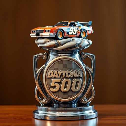 A gleaming trophy, intricate ceramic craftsmanship, showcasing the iconic Daytona 500 logo embossed on its polished surface. Atop, a meticulously detailed Richard Petty's Plymouth model, vibrant colors radiating confidence. Sports-themed elements intertwine, dynamic flowing lines. A custom-sized base, elegant finish, complements the sculpture, enhancing the celebration of racing triumph.
