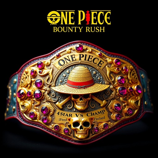 A luxurious alligator-skin wrestling belt, gold and vivid multicolor. Centered, a straw hat emblem, iconic from "One Piece." Above, the bold words “One Piece Bounty Rush,” beneath, “4 Star VS Champ iFeedYouLead.” Surrealist elements intertwine, sparkling ruby gemstones adorn the belt, intricate skull crests, and mystical symbols throughout.
