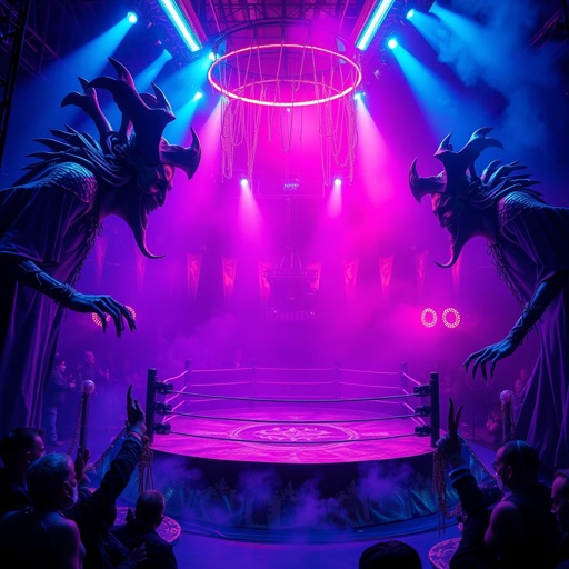 A surreal cursed carnival arena, vibrant hues of electric blue and eerie violet. Gothic vampire figures loom over a wrestling ring, adorned with jagged bones and twisted metal. Fluorescent lights pulse ominously, casting sinister shadows. Spectral fog swirls, creating an atmosphere of foreboding. Elaborate costumes glitter under haunting luminescence, terror embodied.