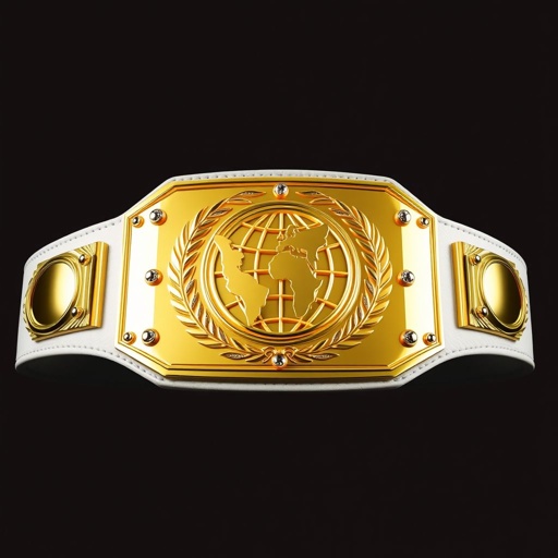 An imposing wrestling belt featuring a luxurious leather strap in pristine white. The rectangular plate gleams in vibrant gold, showcasing a unique modern design. The centerpiece, a striking globe champion emblem, symbolizes international supremacy. No gemstones or additional crests adorn the piece, emphasizing its bold simplicity and extra-large stature, commanding attention.