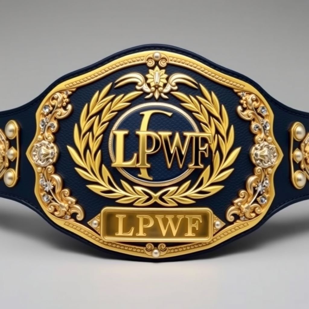An ornate wrestling belt, shimmering gold plating, intricate silver embellishments, dark blue leather strap. Central logo, bold LPWF, surrounded by laurel wreaths. Classic rectangular nameplate, engraved LPWF in striking font. Each side adorned with detailed, raised designs, representing strength and resilience. Elegant yet fierce, embodying the spirit of the light heavyweight division.