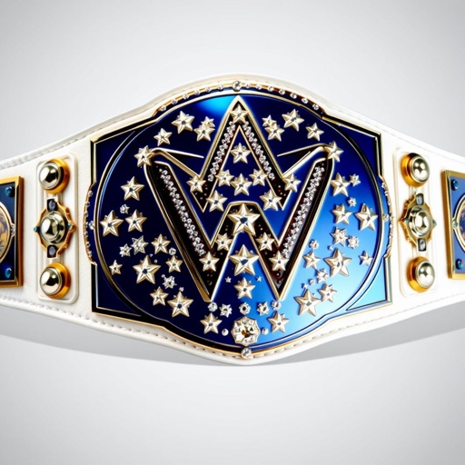 A dazzling wrestling belt, VWF Universal World Championship. Grand blue main plate with an intricate shape, adorned with a field of white stars. Side plates of navy blue metal, three on each side. Luxury leather strap in pristine white, sparkling diamond gemstones, vibrant multicolored gems, classic designs, and legendary wrestler symbols.