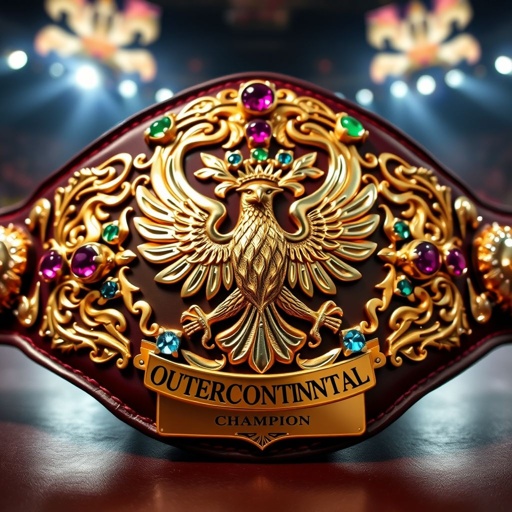 A gleaming wrestling belt adorned with intricate gold and silver designs, the centerpiece featuring a bold, majestic eagle. Brightly colored gemstones shimmer in the light, surrounded by elaborate filigree. Stitched leather in deep burgundy, rich textures, and a plaque proclaiming "Outercontinental Champion." A backdrop of a packed arena, energy palpable.