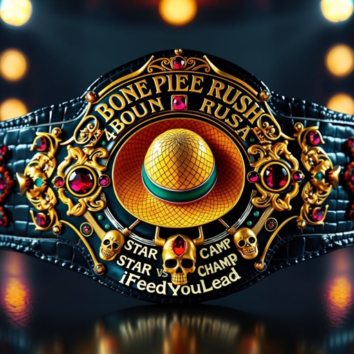 A lavish wrestling belt, alligator skin glistening under bright lights, intricate luxury plate design. Centered, a vibrant straw hat from "One Piece," surrounded by the bold inscription "One Piece Bounty Rush" above, “4 Star VS Champ iFeedYouLead” below. Ruby gemstones accentuate skull crests and symbols, multicolor plate, surrealist art style.