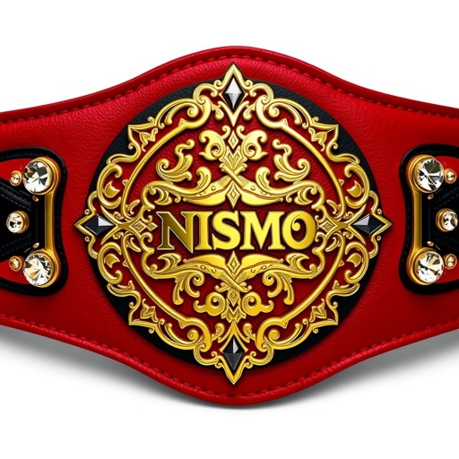 A magnificent wrestling belt, vibrant red and deep black leather, adorned with intricate gold embellishments. The centerpiece, a gleaming gold plate, features the iconic Nismo logo, surrounded by ornate detailing. Brilliant gems sparkle at each corner, capturing light. The rich texture of the leather contrasts beautifully with the luxurious gold finish.