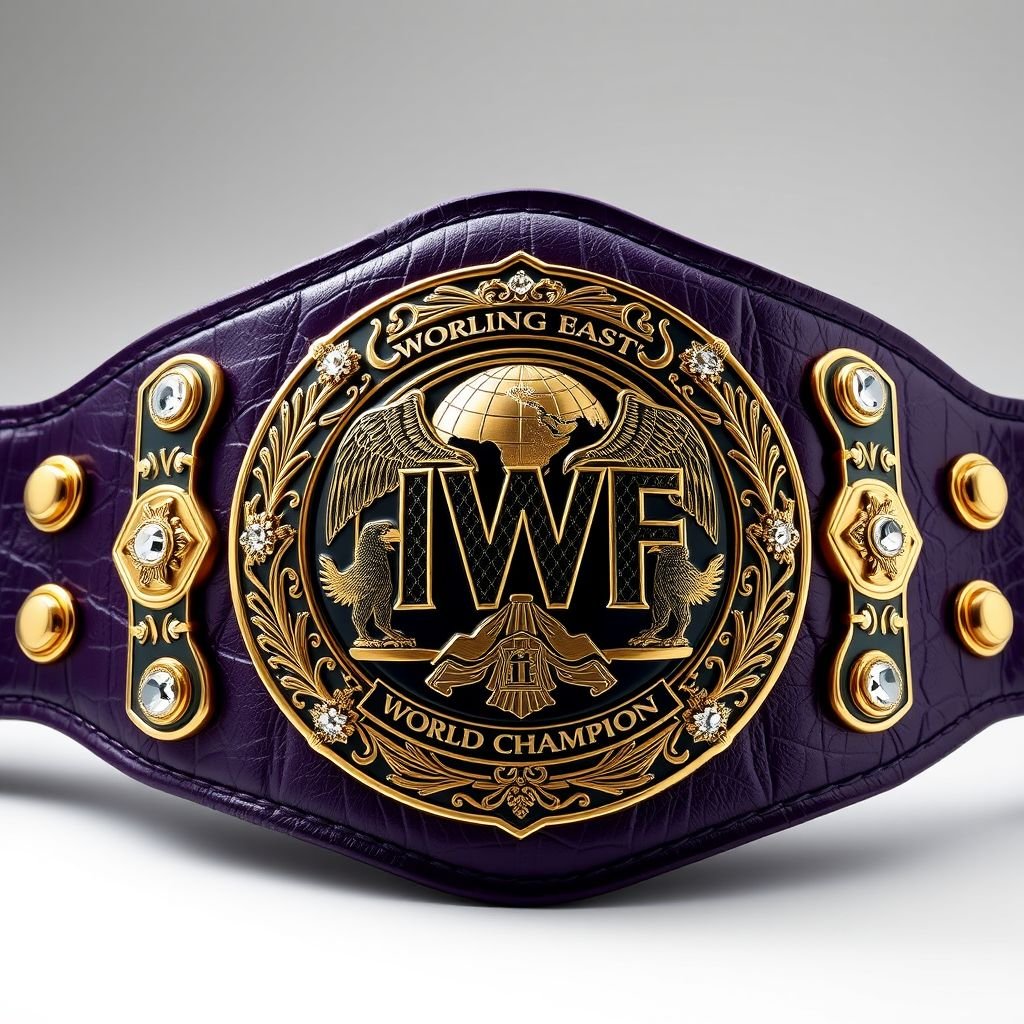 Wrestling belt exuding prestige, UWF World Heavyweight Championship. Dark purple leather strap enveloping an intricately engraved darker gold main plate. Four small gold side plates, elegantly positioned. Rich leather texture, vintage plate design, intricate shapes. Globe champion motif, adorned with sparkling diamond gemstones. Grand size, embellished with majestic eagle crests and symbols.