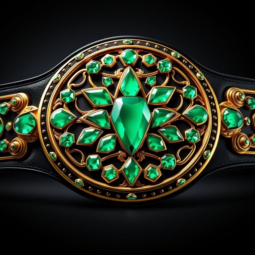 A prominent wrestling belt showcases a classic plate design with a circular shape. The belt's luxurious black strap contrasts dramatically against the gleaming gold plate. Adorned with stunning emerald gemstones, the large, ornate plate radiates elegance and strength, embodying the pinnacle of victory in realistic art style, capturing intricate details and rich textures.