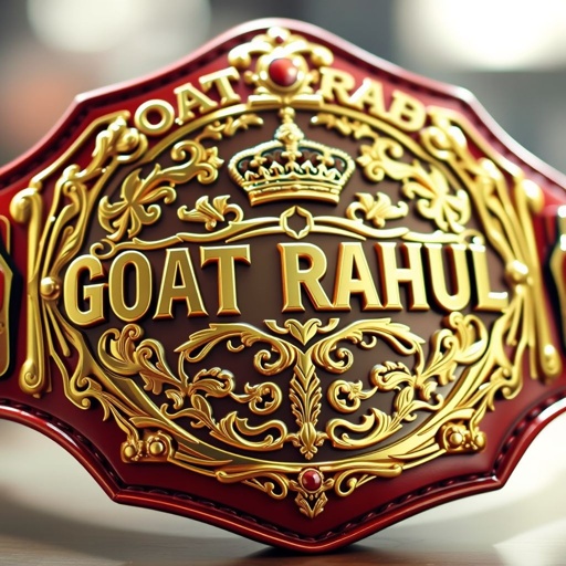 A shining wrestling belt dominates the scene, featuring a bold inscription: "GOAT RAHUL." The metal gleams with luxurious gold, while the strap showcases a rich pentagon design in deep crimson. The plate, an exquisite rose gold, displays intricate crown crests and symbols, embodying strength and prestige in a realistic art style.
