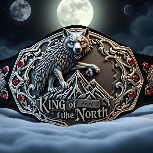 A wrestling belt, adorned with an intricate, edgy plate design, gleams under the moonlight. The centerpiece features a fierce grey wolf, proudly perched atop a rugged mountain. WPW "King of the North" text engraved in gothic script. A black strap, sparkling ruby gemstones, exude power and majesty in this striking artwork.