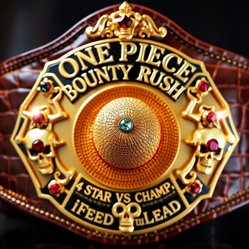 A luxurious alligator skin wrestling belt, shimmering gold accents. A vibrant straw hat centered, evoking “One Piece” charm. Bold lettering reads “One Piece Bounty Rush” above, “4 Star VS Champ iFeedYouLead” below. Star-shaped plates adorned with multicolor gemstones, ruby accents flashing. Skull crests framing an epic championship aura, large and imposing.