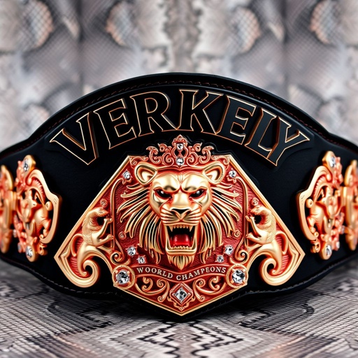 A striking 'Verkely World Championship' wrestling belt. Black lettering against a luxurious snake skin background. Modern plate design with a diamond-shaped structure. Rose gold plates shimmer with intricate gothic art style. A fierce lion champion depicted, adorned with sparkling diamond gemstones. Child-sized, featuring ornate lion crests and symbols, radiating prestige.