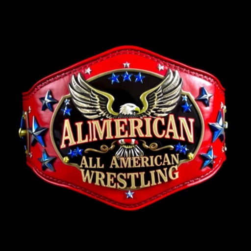 A magnificent wrestling belt showcased against a dark background. Red leather, glistening with a polished finish, wraps around a muscular form. Intricate blue stars glitter alongside radiant white accents. A majestic eagle, wings spread wide, dominates the centerpiece. Bold, vintage lettering spells "All American Wrestling," embodying strength and patriotism.