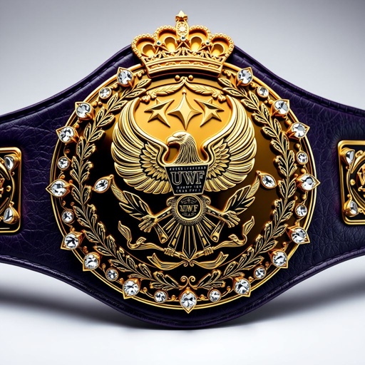 A lavish UWF World Heavyweight Championship wrestling belt. Dark purple leather strap, rich and regal. Large, intricate main plate, a deep, opulent gold. Ornate eagle and laurel motifs, embodying strength and victory. Diamond gemstones adorning the edges, sparkling under light. Elegant crown crests and symbols, signifying prestige, commanding presence. Grand and iconic.