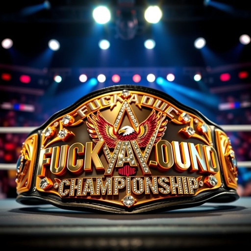 A gleaming WWE championship belt, adorned with intricate gold detailing and leather straps. Bold lettering proclaims "Fuck Around Championship" in a rebellious font, surrounded by shimmering jewels. The center showcases a fierce eagle emblem, wings spread wide. Background features a vibrant wrestling ring, spotlights illuminating the dramatic, energetic atmosphere.