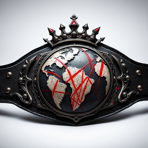 Wrestling Belt, Deathmatch World Championship, an imposing symbol of combat. Large, rounded rectangular plate with jagged edges. Ornate crown atop a distressed globe, crimson streaks, dark metal. Sharp side plates featuring barbed wire motifs. Black leather strap, battle-worn with rivets. Skull imagery faintly etched into the surface, capturing chaotic energy.