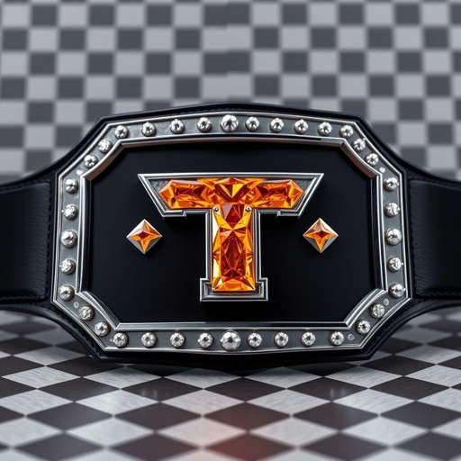 A championship wrestling belt showcases an engraved checkerboard background, enhancing depth. A striking orange Power T logo crafted from radiant orange diamonds, framed in silver, dominates the center. Stacked rectangular plates create a bold 3D effect, complemented by a sleek black strap. Cubist art style adds dynamic angles and visual intrigue.