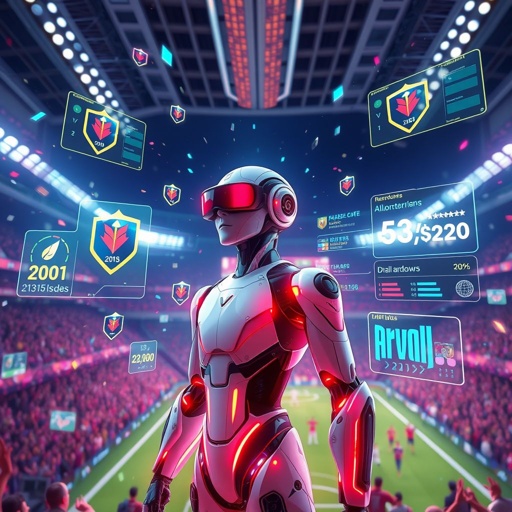 A vibrant virtual reality setting showcasing a detailed log for Firelinks Football Club. An AI character, futuristic and sophisticated, stands amidst swirling holographic data. Colorful graphics of the club's logo and player statistics float around. The background features a stadium filled with cheering fans, blending realism with fantasy in the digital realm.