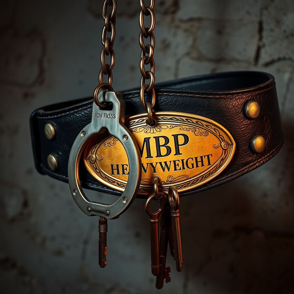 A worn wrestling belt, heavy leather strap, black and rugged. An old school prison backdrop, faded gray walls. Handcuffs dangle, metallic sheen against rust. Keys glint under dim light, vintage charm. The MBP HEAVYWEIGHT engraved, elegant curvatures on a gold oval plate, intricate designs, realism capturing every texture and detail.
