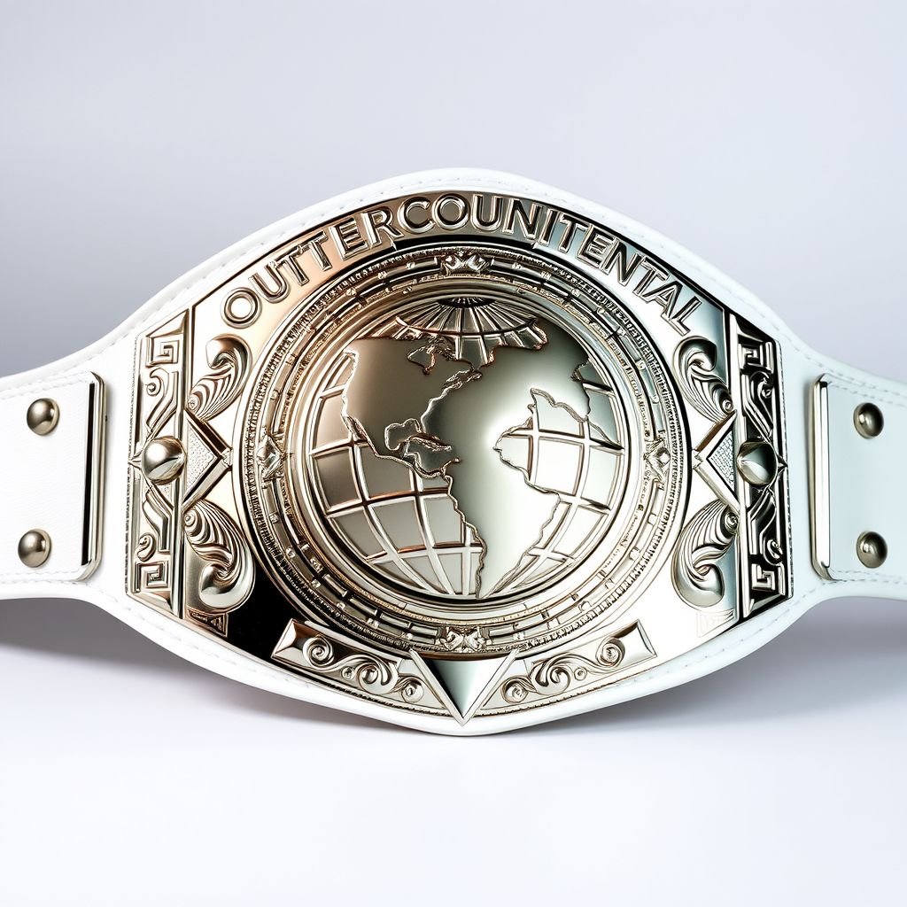 An Outercontinental Champion wrestling belt, defined by a luxurious white leather strap, gleaming silver plates arranged in a bold rectangular shape. The centerpiece showcases a captivating globe champion design, exuding power. An immaculate finish, devoid of gemstones, emphasizes elegance, while the extra-large size commands attention, embodying strength and prowess in the wrestling arena.