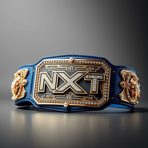 A luxurious NXT Europe Women’s wrestling belt, featuring a blue leather strap that curves elegantly. The rectangular gold plate shines with intricate, modern designs, framed with sparkling pearl gemstones. An oversized presence, emphasizing strength and elegance, the belt radiates prestige, capturing the essence of championship glory and feminine power in stunning, realistic detail.