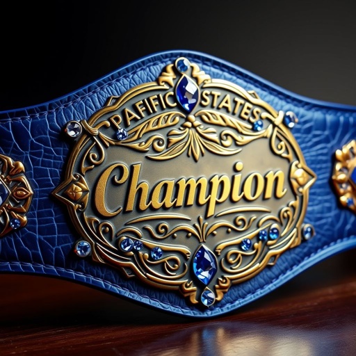 A luxurious Pacific States Heavyweight Champion wrestling belt, featuring a deep blue leather strap and an oval bronze engraved plate. The plate showcases intricate designs, adorned with sparkling sapphire gemstones. A bold "Champion" text elegantly etched at the center, defined edges, and a realistic art style highlighting leather textures and gemstone reflections.