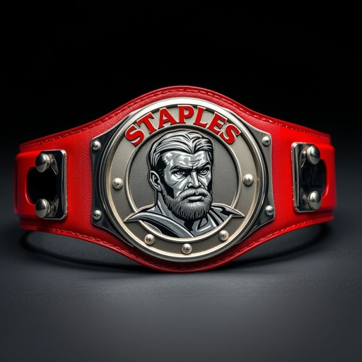 A wrestling belt adorned with the Staples logo, crafted from rich leather. The vivid red strap contrasts beautifully with a sleek, circular silver plate. Modern plate design featuring intricate details, showcasing a portrait of a champion. Realistic art style highlights textures, capturing the essence of strength and celebration in an iconic emblem.