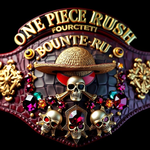 A grand wrestling belt of alligator skin, luxurious and vivid. A central straw hat from "One Piece," surrounded by ornate gold accents. Above, "One Piece Bounty Rush" emblazoned in bold letters; below, "4 Star VS Champ iFeedYouLead." Rich ruby gemstones glittering amid a spectrum of multicolor plates, star-shaped and artistic. Skull crests add a fierce touch.