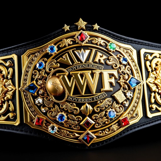 A stunning wrestling belt, VWF Sovereign World Championship. Features intricate gold side plates, crowned motifs, and star crests. A large main plate showcases engraved designs with a focus on globes and dynamic patterns. Rich black leather strap interlaced with gold. Sparkling blue, red, and white diamonds adorn the masterpiece, radiating grandeur.