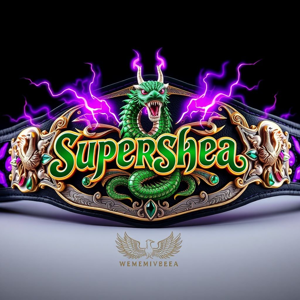 A majestic wrestling belt, centered with the word “Supershea” in bold lettering. A fierce green dragon, intricately detailed, encircles the title, exhaling vibrant flames. The strap, deep black, adorned with purple lightning bolts. A grand silver front plate with a rich gold outline, featuring engraved designs, emerald gemstones, and artistic phoenix crests.