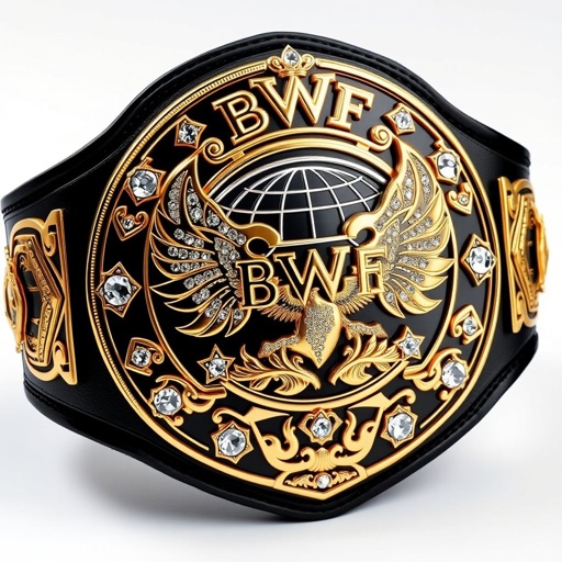 A magnificent wrestling belt, BWF World Heavyweight Champion, crafted from luxurious leather. A sleek black strap, adorned with a striking shield plate featuring a globe champion design. Gleaming gold plate color, intricate diamond gemstones embedded, grand size, and elaborate phoenix crests and symbols, exuding power and prestige in a realistic art style.