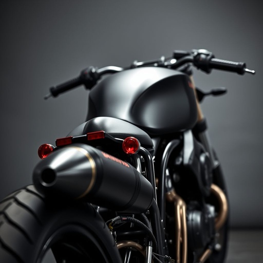 A sleek black matte finished boxer motorcycle, 1997 model, equipped with a powerful yet subtle exhaust system, featuring a debikiller design and button. Café racer aesthetics shine through, showcasing meticulous modifications. The scene captures a tense mood, under dim lighting, with metallic hues gleaming softly against smooth surfaces, embodying realism.
