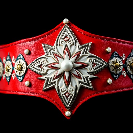 A striking wrestling belt featuring a vibrant red leather strap. A classic star-shaped plate gleams in white, adorned with intricate South Sudanese patterns. Pop art elements infuse energy, while pearl gemstones embellish the design. Small star crests and indigenous symbols accentuate the belt, embodying a rich cultural heritage in vibrant fashion.