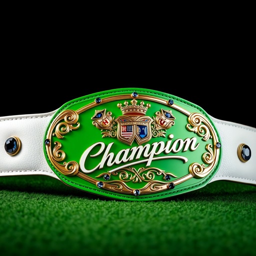 A striking wrestling belt, embodying the essence of a Major League Golf League. Gleaming white leather strap contrasts with a vibrant green, oval-shaped plate. Minimalistic yet bold design features intricate shield crests and symbols, embellished with sparkling sapphire gemstones. Elegant "Champion" text adorns the plate, resonating with surrealist art flair.