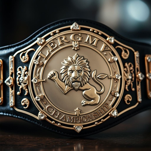 A regal wrestling belt with the bold inscription “Legacy Championship” elegantly displayed in intricate lettering. Crafted from supple black leather, the belt features a large circular silver plate, showcasing a magnificent lion champion design. Surrounding the lion, sparkling crystal gemstones adorn the engraved plate, complemented by ornate lion crests and symbols.